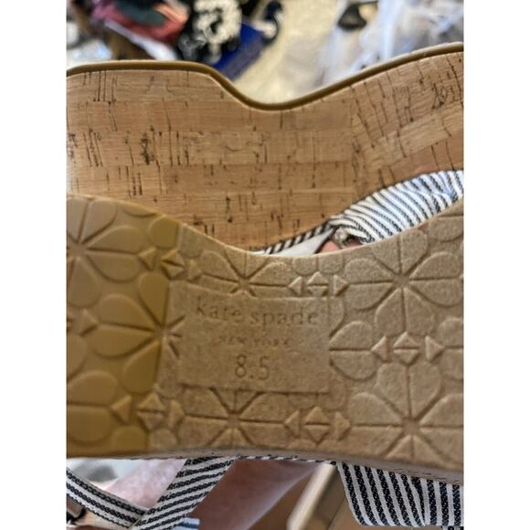 Kate Spade Julep Canvas & Cork Platform Wedge Sandal Blue Stripe Ankle Strap 8.5 - Picture 8 of 8